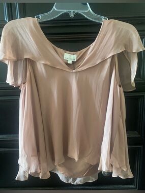 Miguelina Tea Rose Pink Off-Shoulder Silk Chiffon Blouse